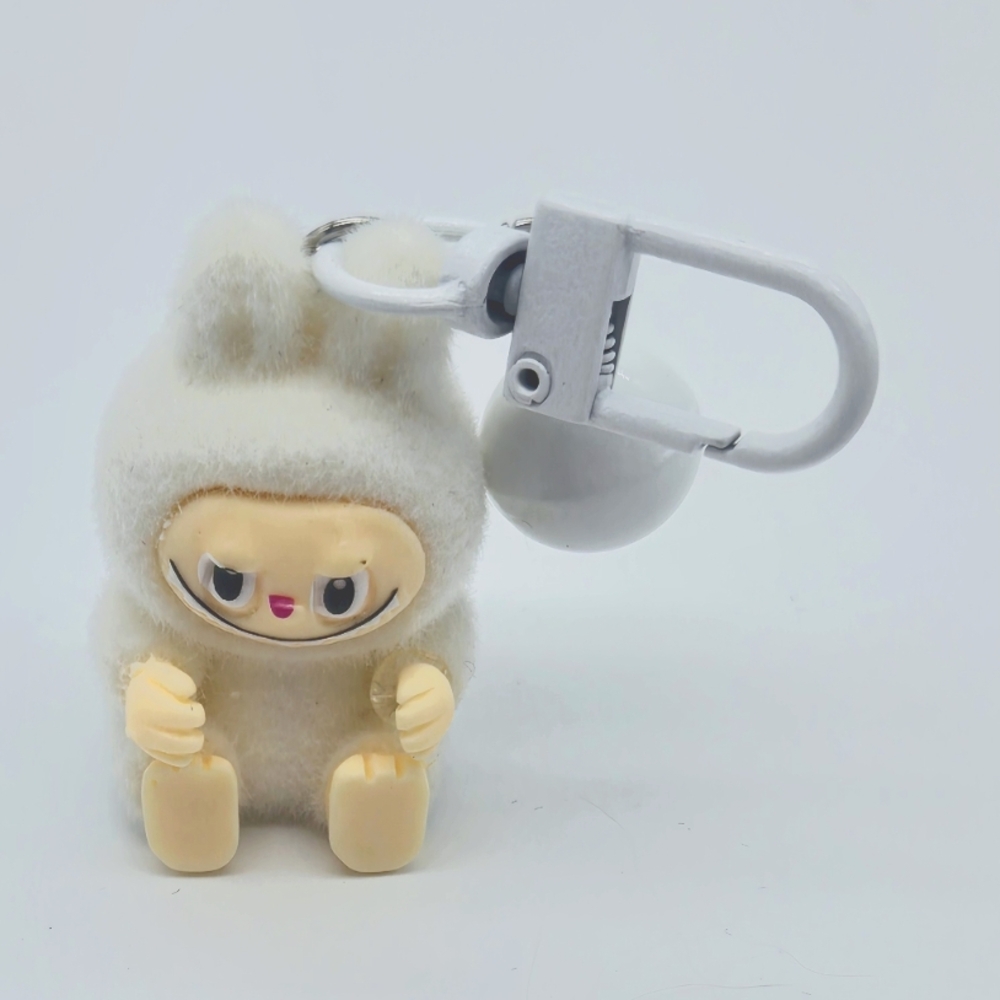 White Plush Have A Seat Labubu Keychain with White Bell And Clip